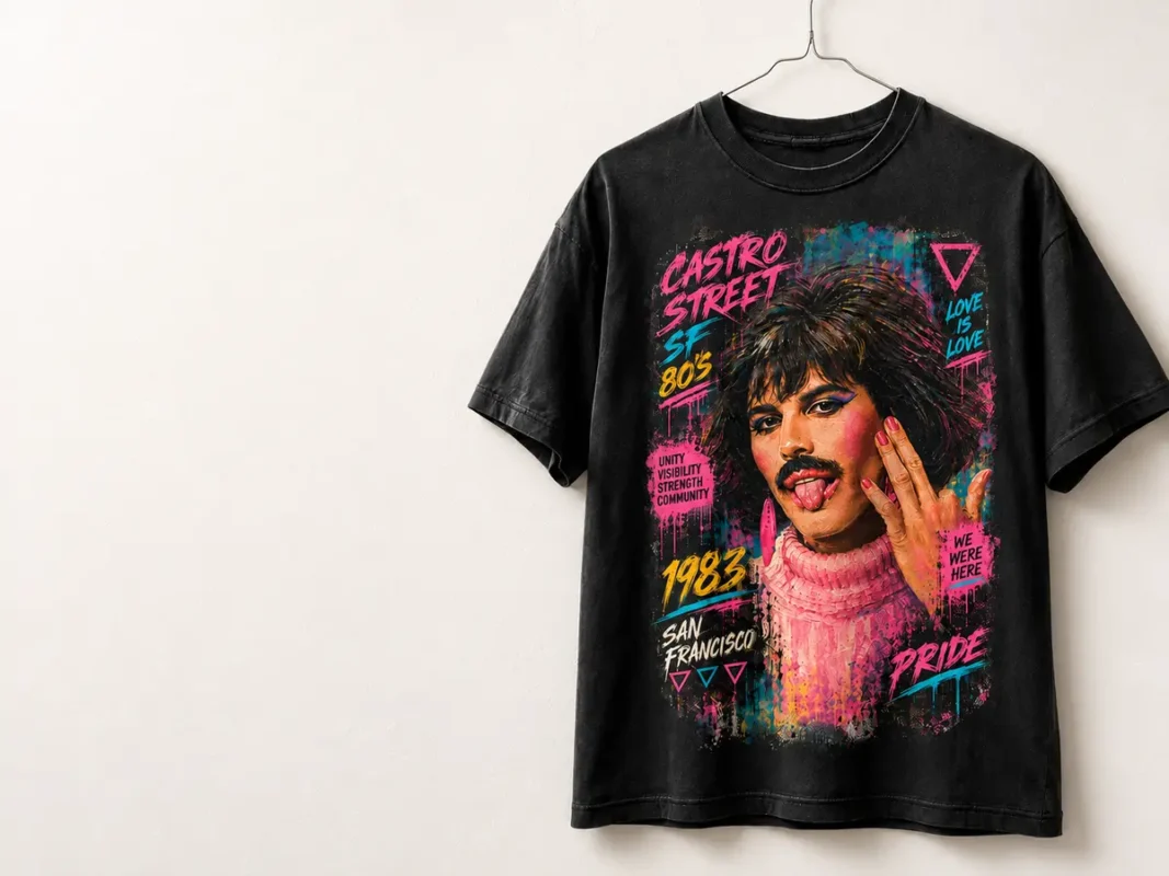 Camiseta preta da coleção Castro Street em parede branca