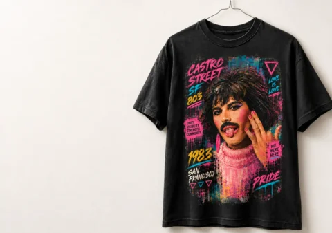 Camiseta preta da coleção Castro Street em parede branca