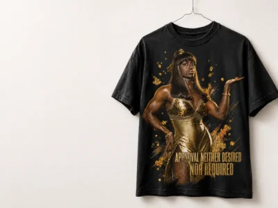 Camiseta preta da coleção Queer Cut com estampa dourada em parede branca