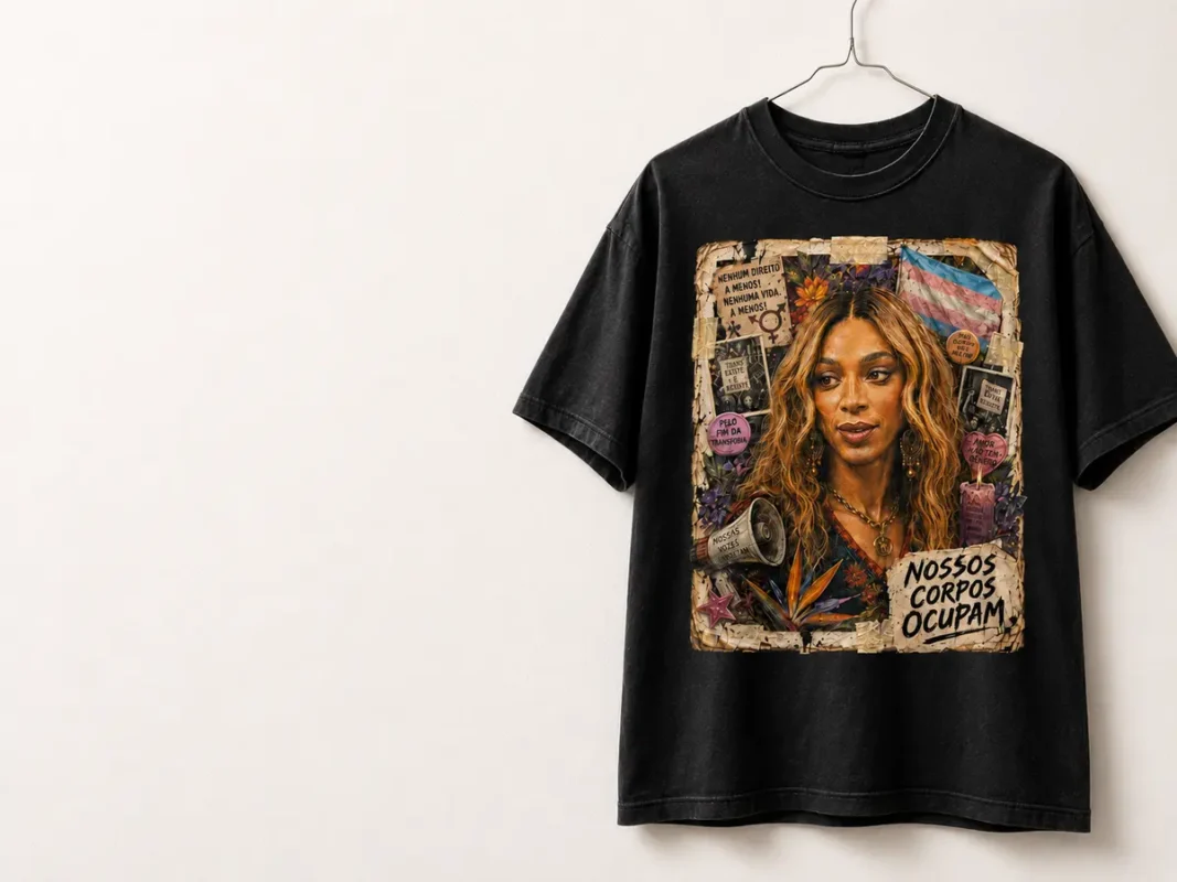 Camiseta preta da coleção Resistir é Criar em parede branca