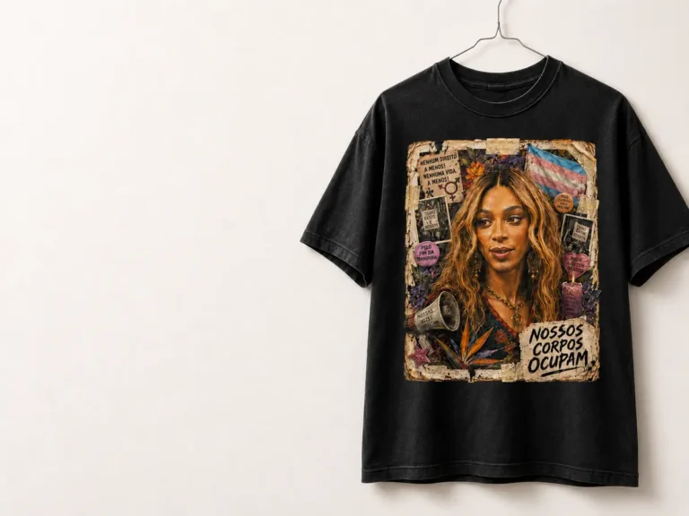 Camiseta preta da coleção Resistir é Criar em parede branca