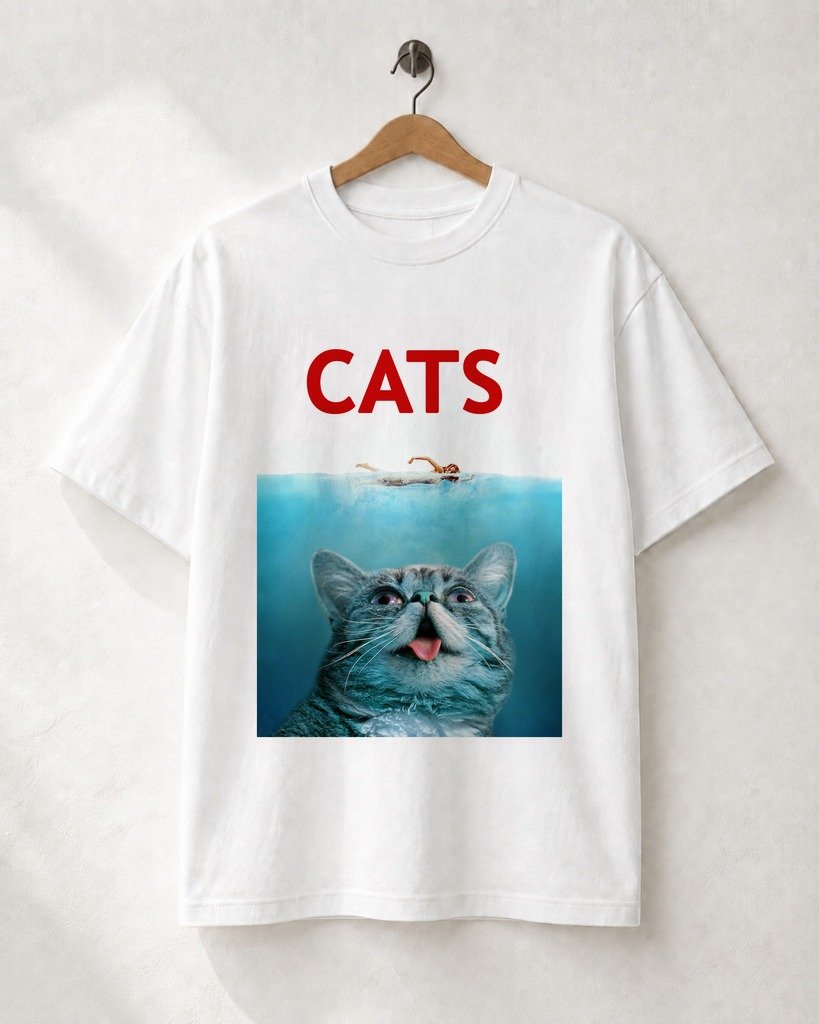 Mockup Camiseta Feline Jaws Shark Parody Camiseta Wild & Botanical: Feline Jaws Shark Parody - Imagem 1
